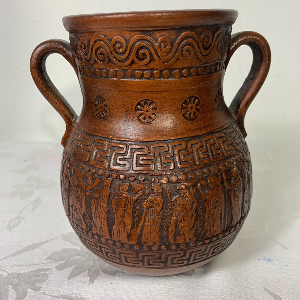 Greek Handmade Double Handled Vase Terracotta 7 inch